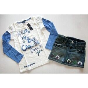 Gap kids floral embroidered denim jean skirt white head in clouds top shirt 6 7